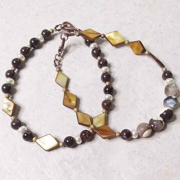 2 Bracelets! Neutral Color Scheme! Semi Precious Beads! Classy & Chic + Elegant! - Picture 2 of 13